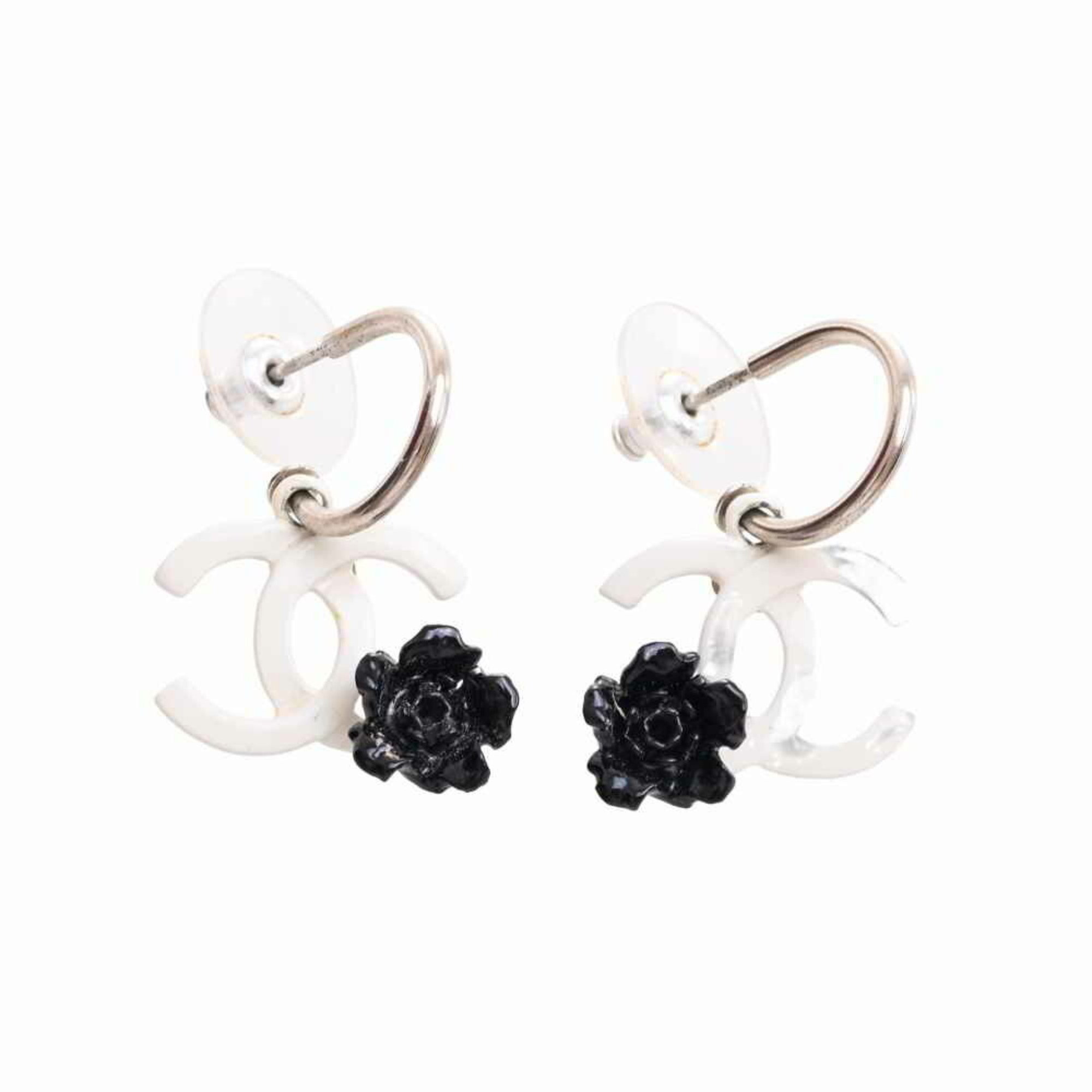 Chanel Camellia Coco Mark Earrings White Black Ladies
